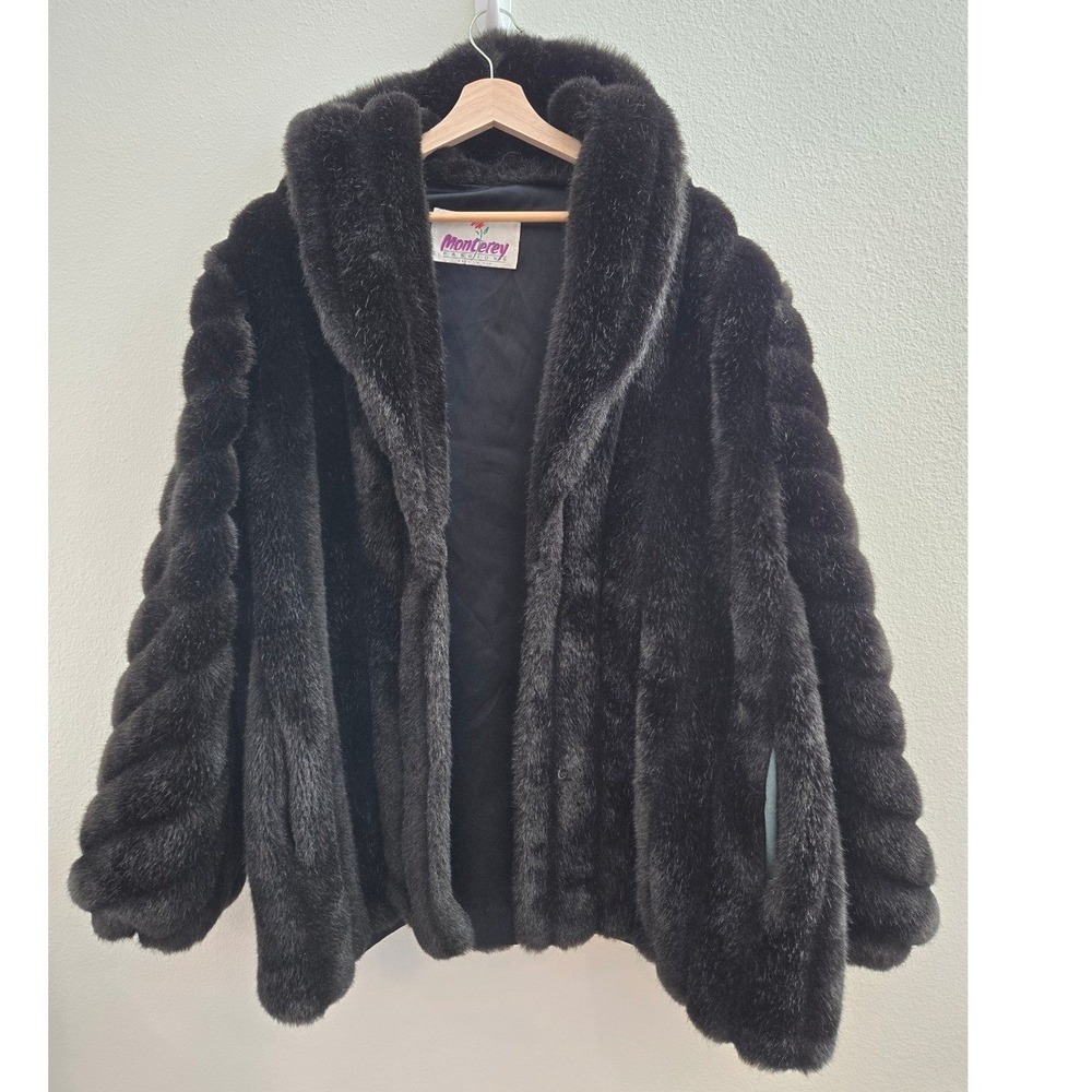 Monterey Fashions Vintage Black Faux Fur‎ Coat Shawl Collar Made in USA Women 2X